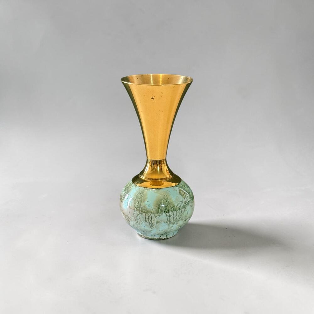 Vintage Delft Holland Bud Vase Hand Painted Crackle Glaze Brass Mid-Century